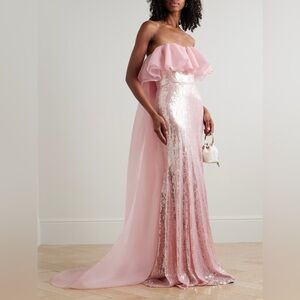 Jenny Packham NWT $6500 Pink Sequin Strapless Chiffon Gown Removable Cape
